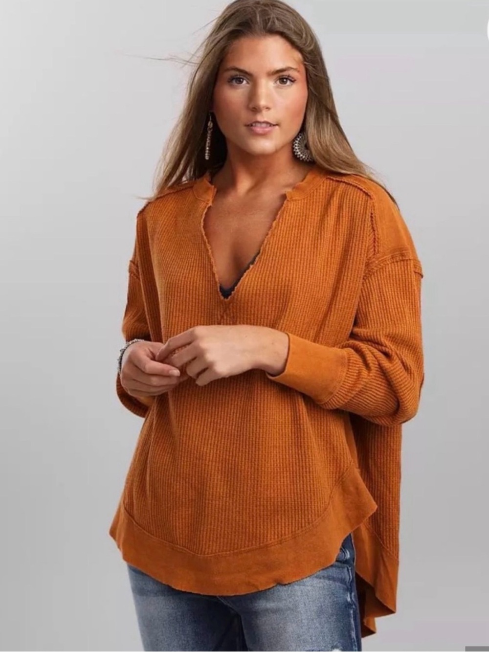 We The Free Womens Brown Ribbed Knit V-Neck Dolman Sleeve waffle Sweater Size L